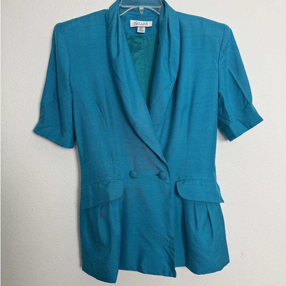 Vintage 100% Silk Blazer Womens 10 Teal Blue Short Sleeve 90s retro